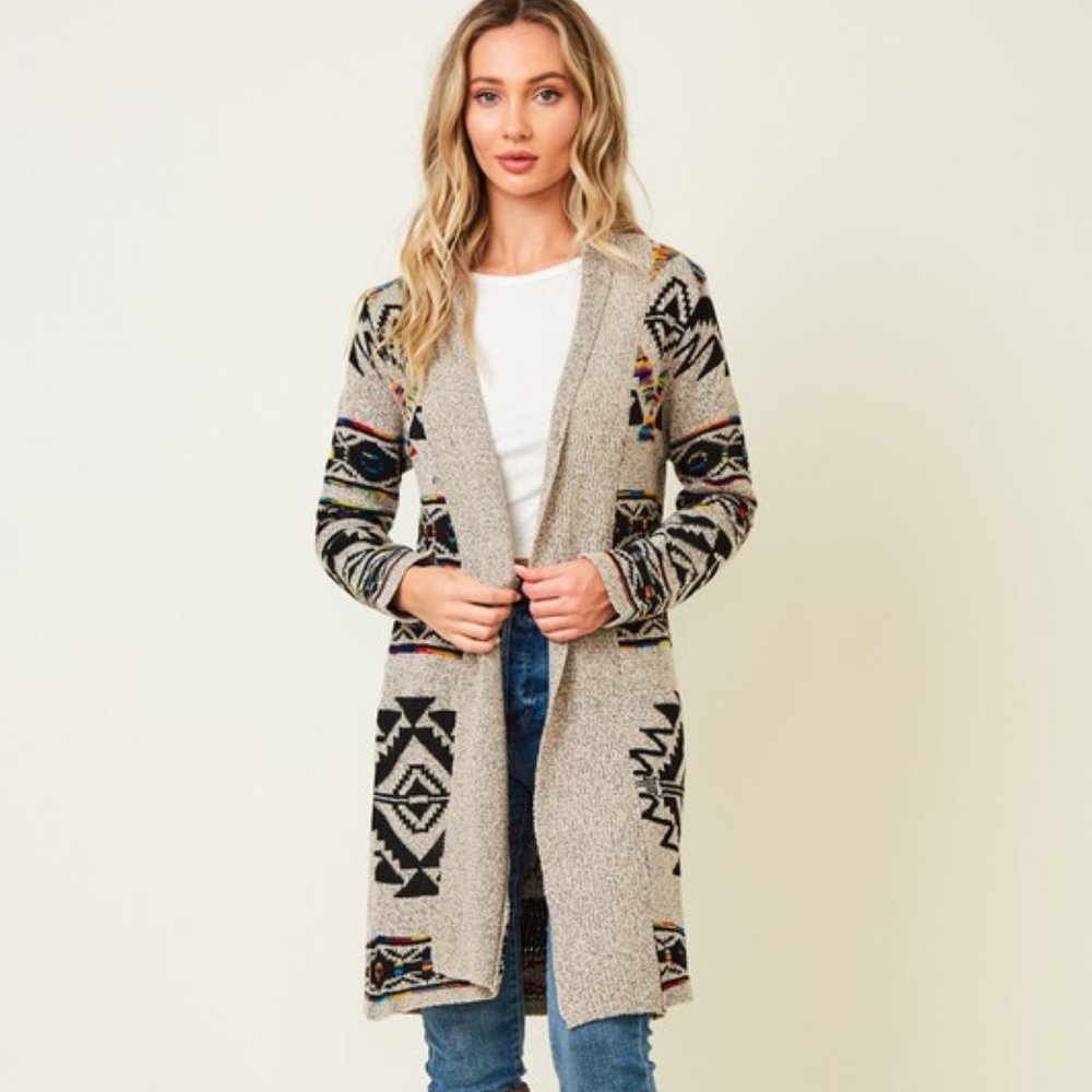 new ON BLUE SWEATER CARDIGAN WRAP boho western AZTEC TRIBAL TAUPE jacquard SM-3X - Picture 7 of 9